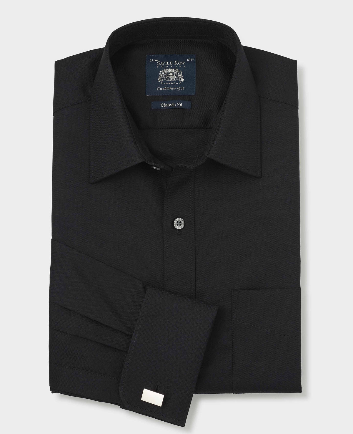 Black Cotton Herringbone Classic Fit Formal Shirt - Double Cuff