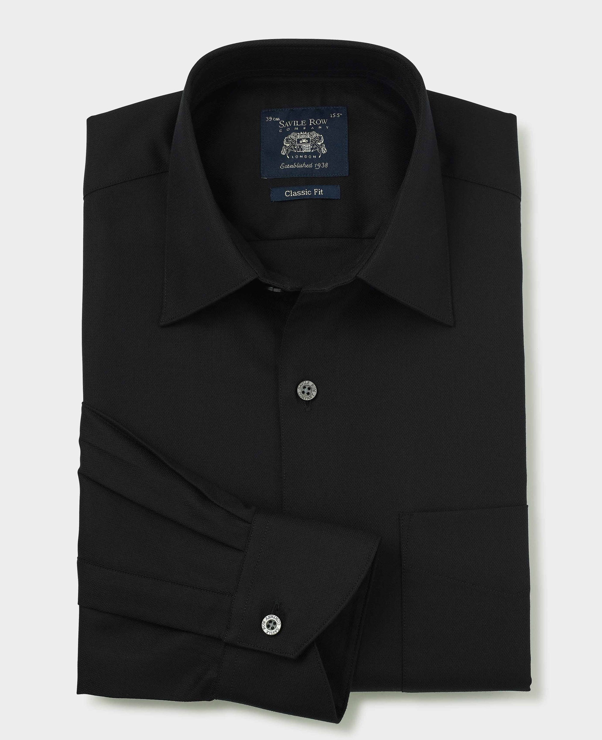 Men's Black Cotton Herringbone Classic Fit Formal Shirt With Single Cuffs | Savile Row Company Men's Black Cotton Herringbone Classic Fit Formal Shirt With Single Cuffs | Savile Row Company