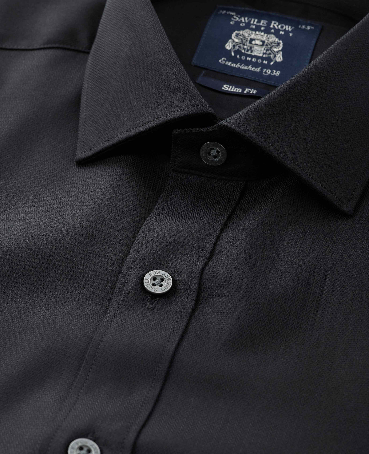 Black Cotton Herringbone Slim Fit Formal Shirt - Double Cuff