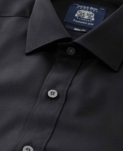 Black Cotton Herringbone Slim Fit Formal Shirt - Double Cuff