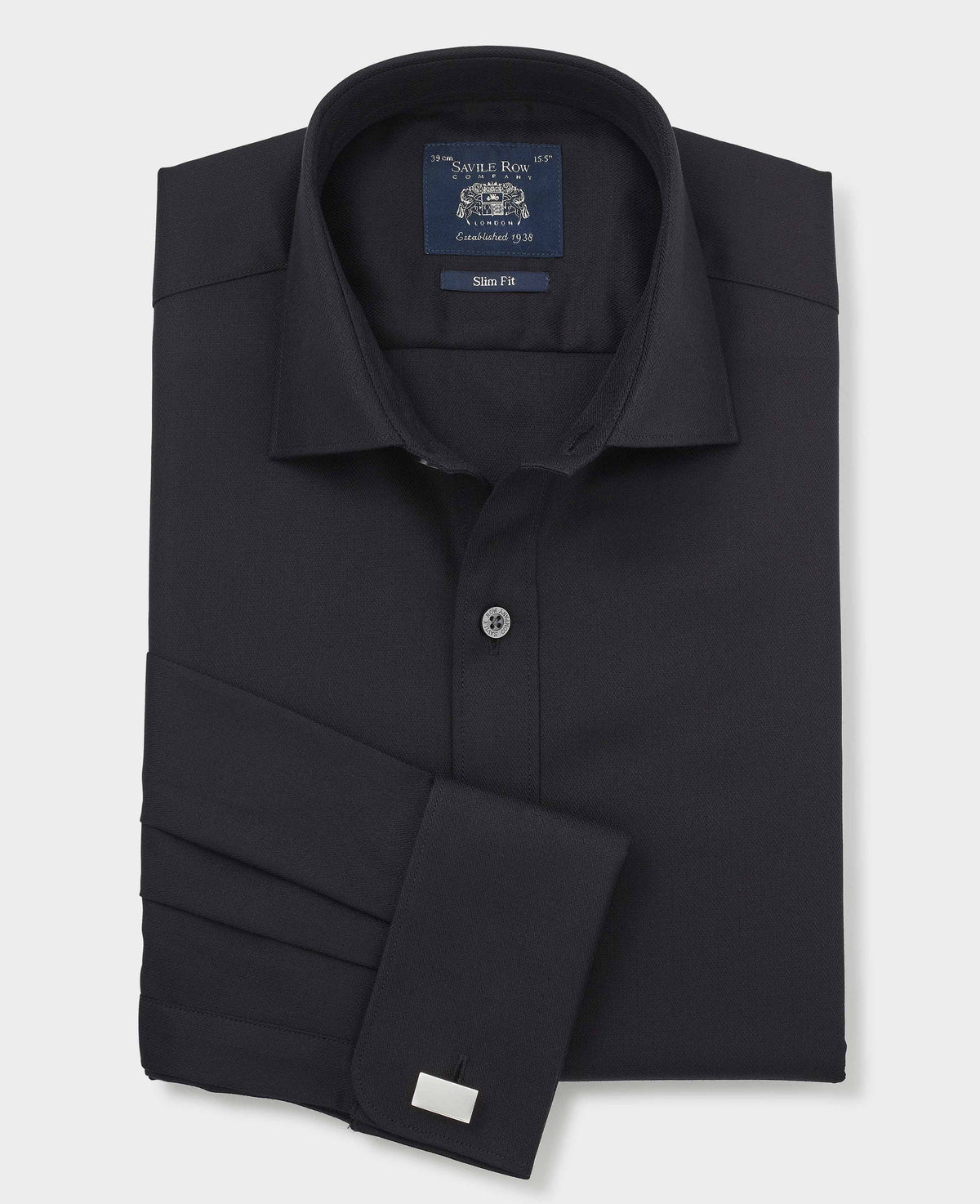 Black Cotton Herringbone Slim Fit Formal Shirt - Double Cuff