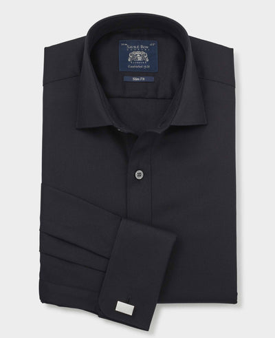 Black Cotton Herringbone Slim Fit Formal Shirt - Double Cuff