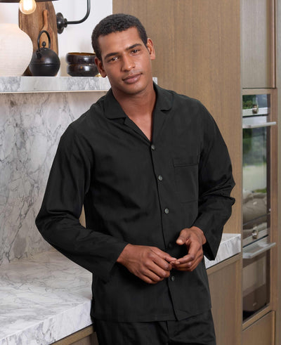 Black Cotton Satin Stripe Piped Pyjamas