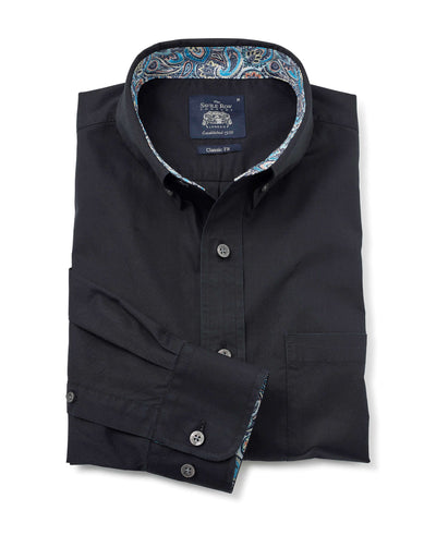 Black Fine Twill Button-Down Casual Shirt - 1399BLK