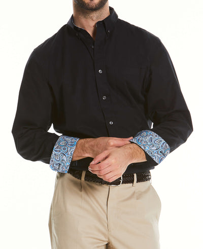 Men's Black Cotton Twill Shirt With Button-Down Collar