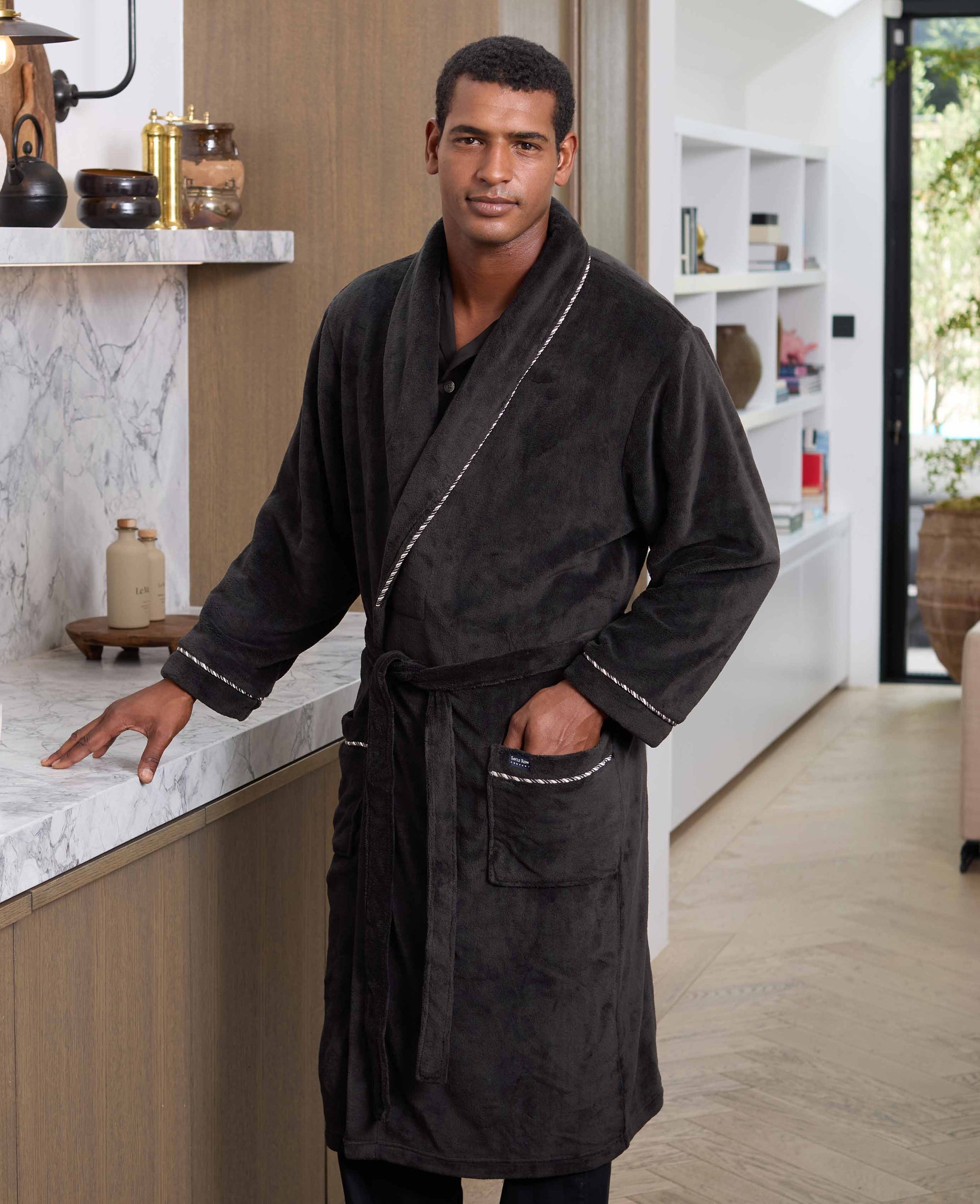 Men's Black Fleece Rope Edge Dressing Gown
