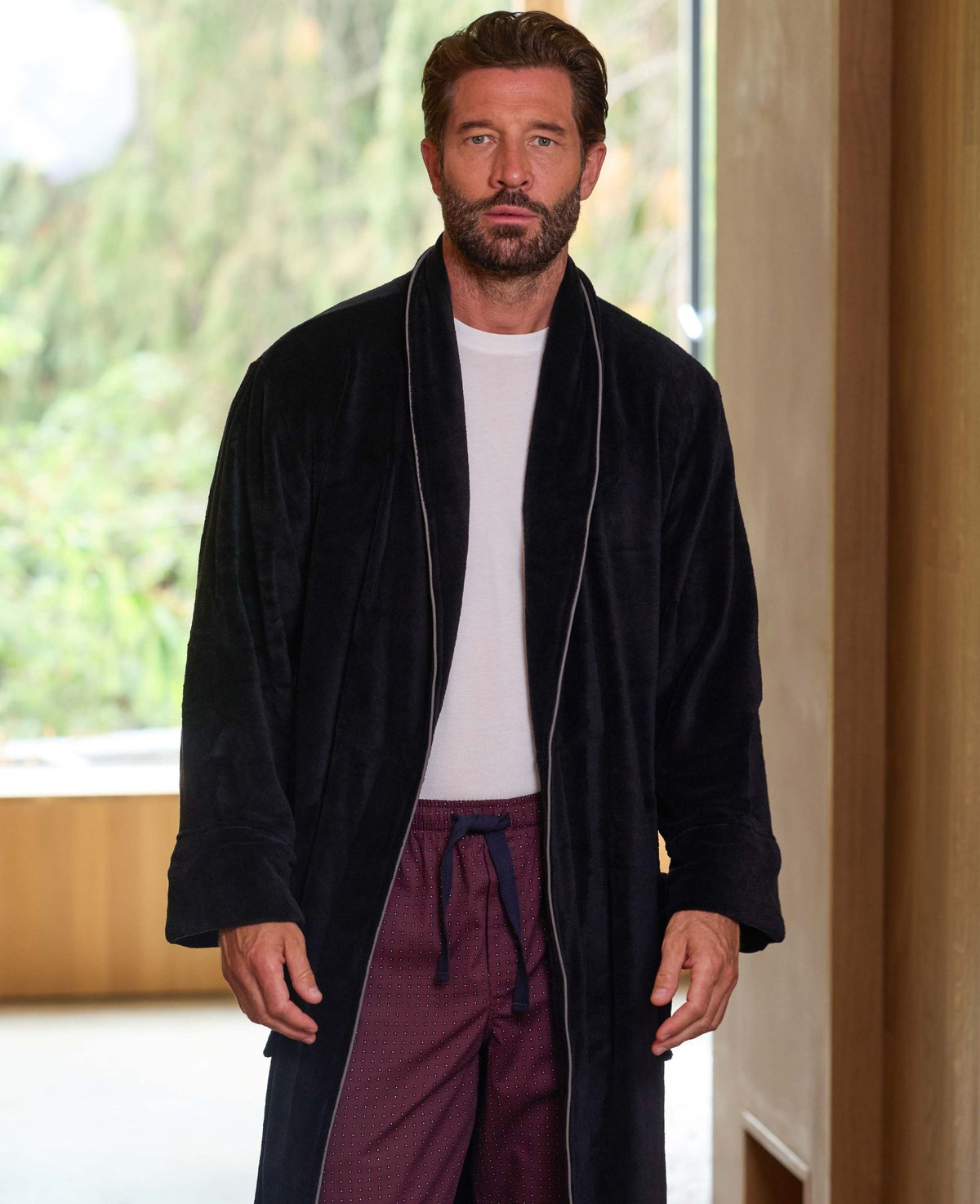 Black Fleece Supersoft Dressing Gown with Grey Piping