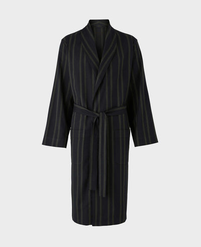 Black Grey Brushed Cotton Twill Striped Dressing Gown