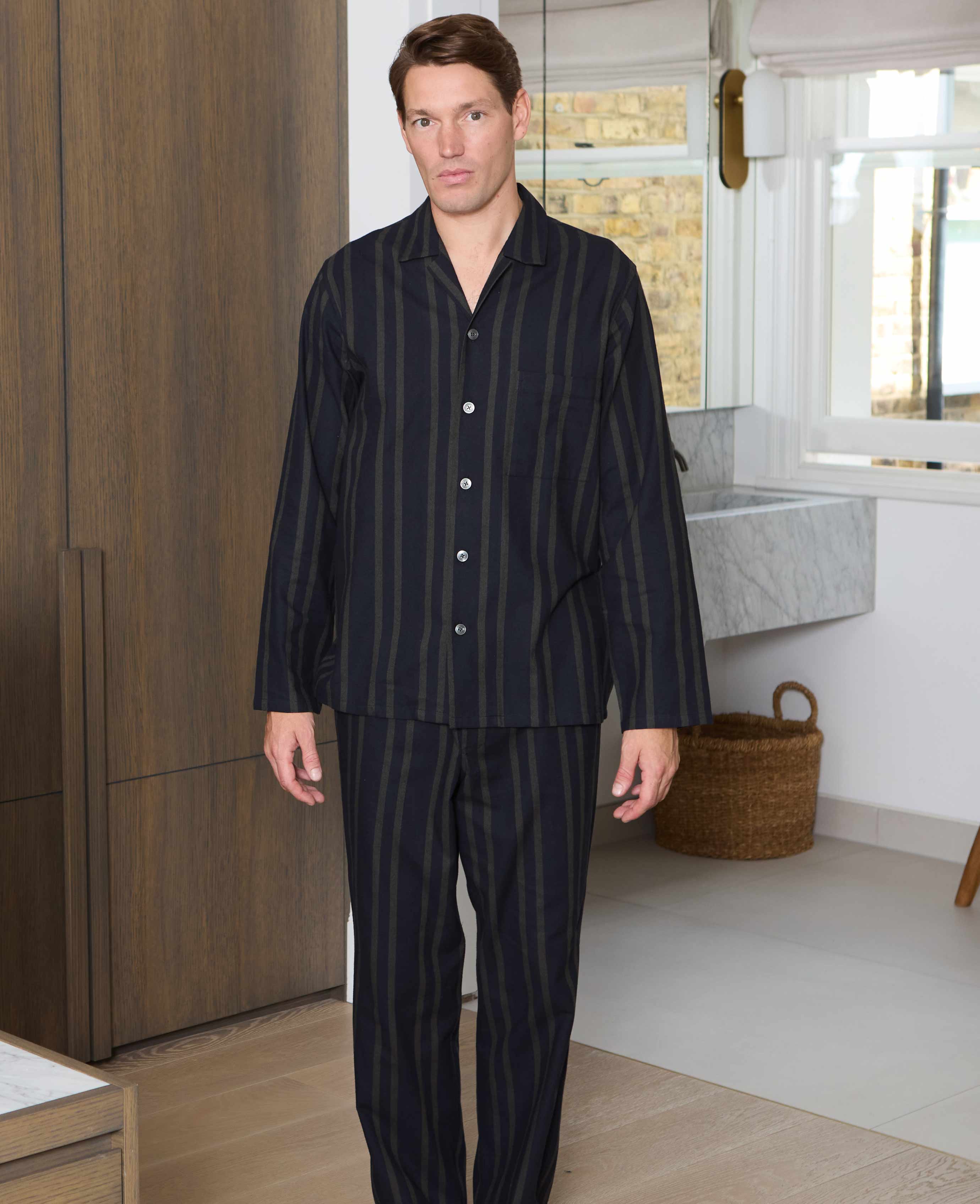 Black Grey Brushed Cotton Twill Striped Pyjamas, view 1