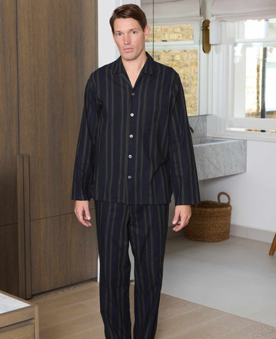 Black Grey Brushed Cotton Twill Striped Pyjamas