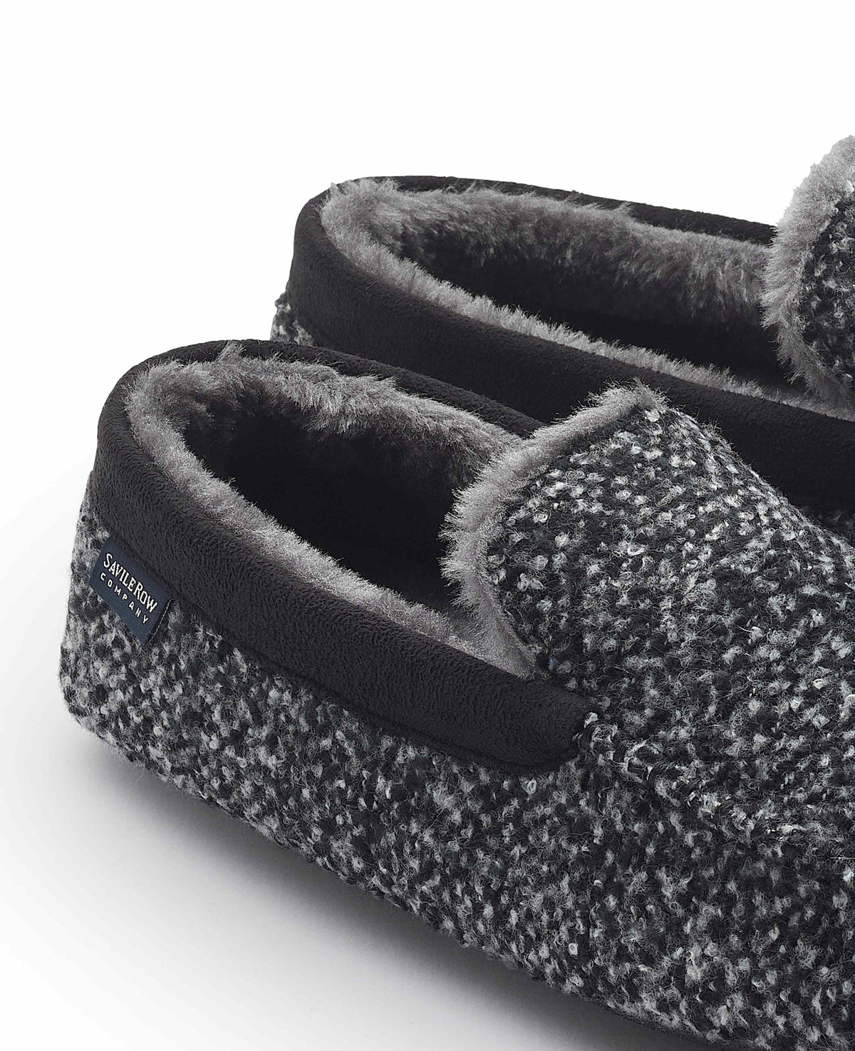 Men's Black Grey Textured Moccasin Slippers topline detail