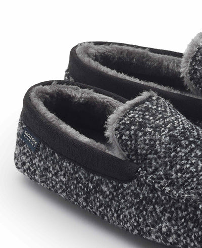 Men's Black Grey Textured Moccasin Slippers topline detail