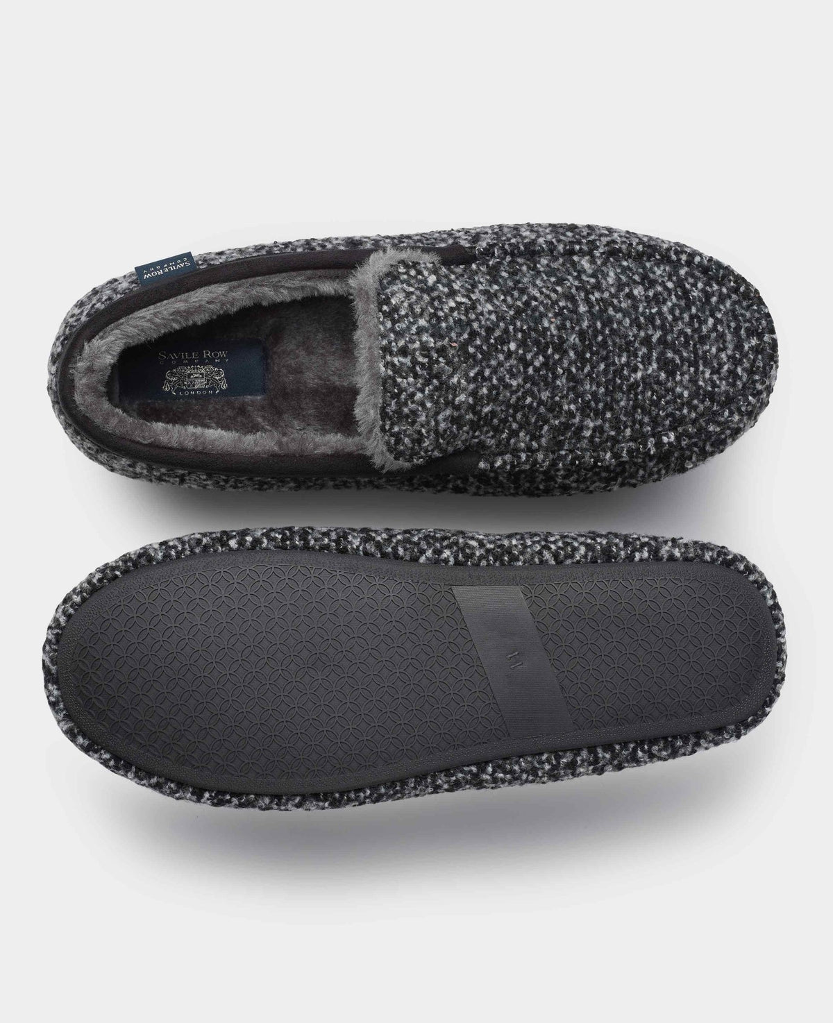 Men's Black Grey Textured Moccasin Slippers overhead shot