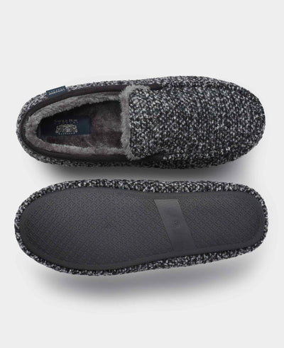 Men's Black Grey Textured Moccasin Slippers overhead shot