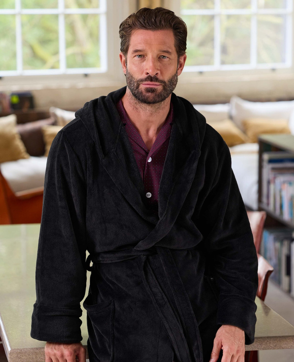 Black Hooded Fleece Dressing Gown