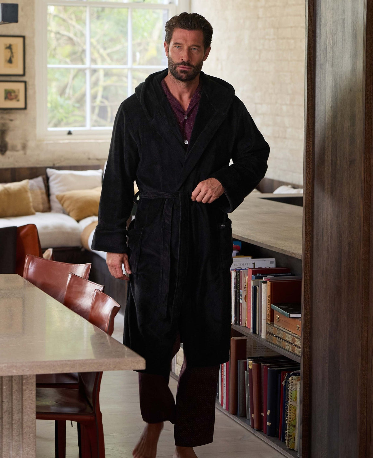 Black Hooded Fleece Dressing Gown