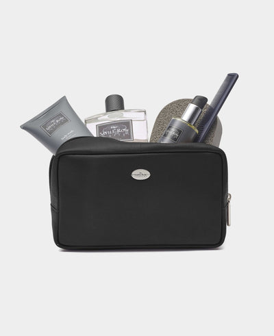 Men's Black Leather Savile Row Wash Bag opened