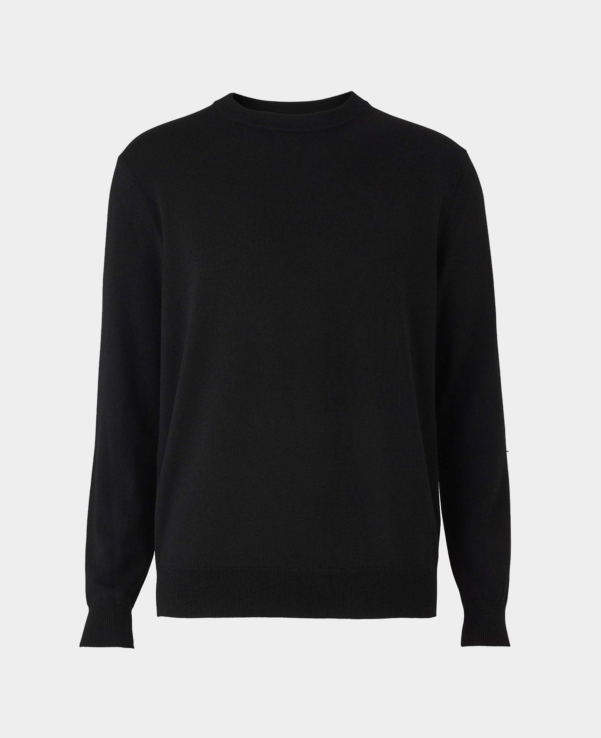 A black long-sleeve crewneck sweater displayed on a clean, light gray background.