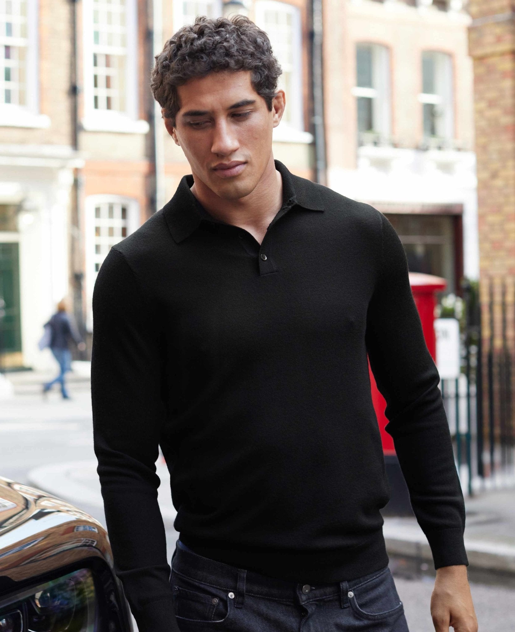 Men's Black Merino Wool Knitted Polo Shirt | Savile Row Company