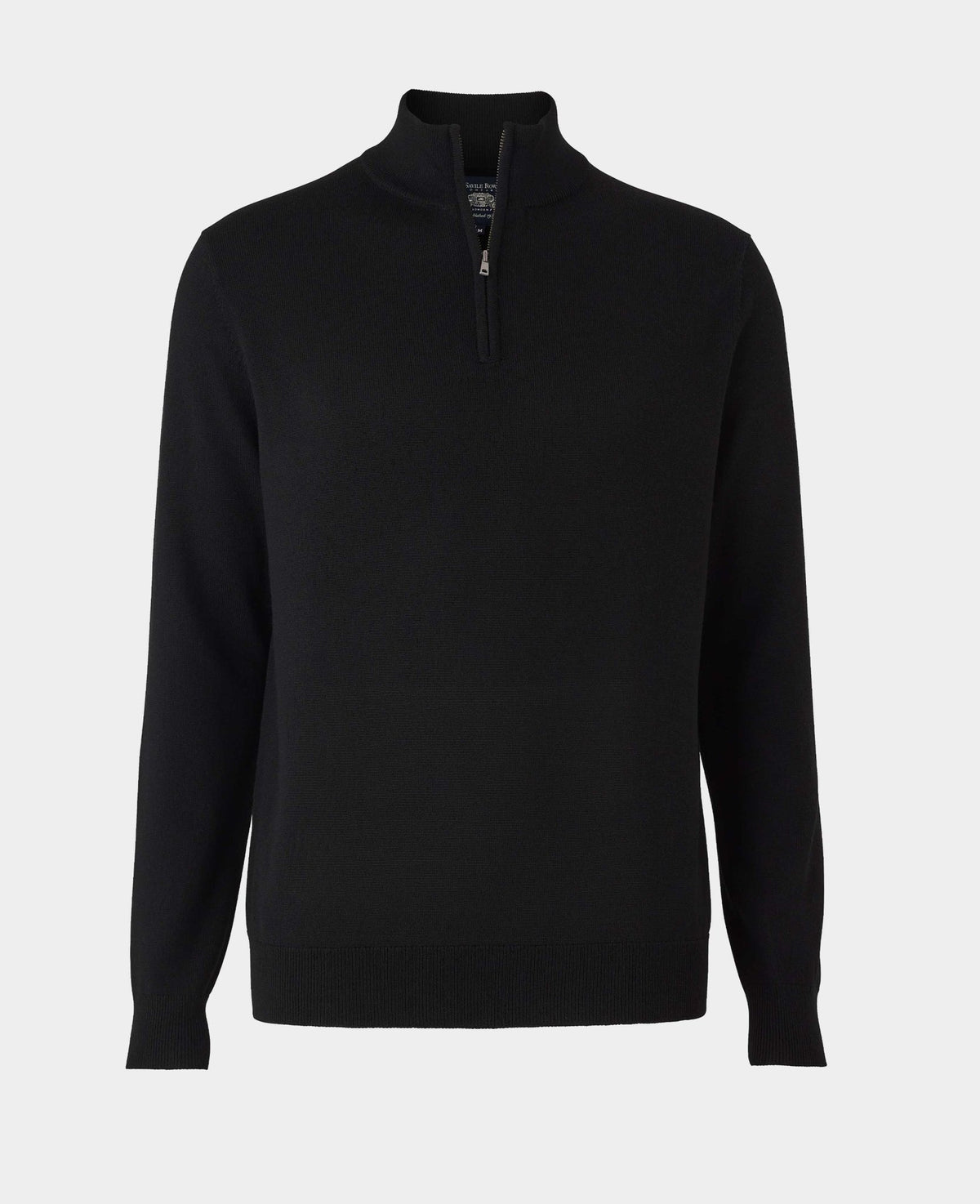 A black long-sleeve quarter-zip pullover sweater with a mock neck collar, displayed on a light gray background.