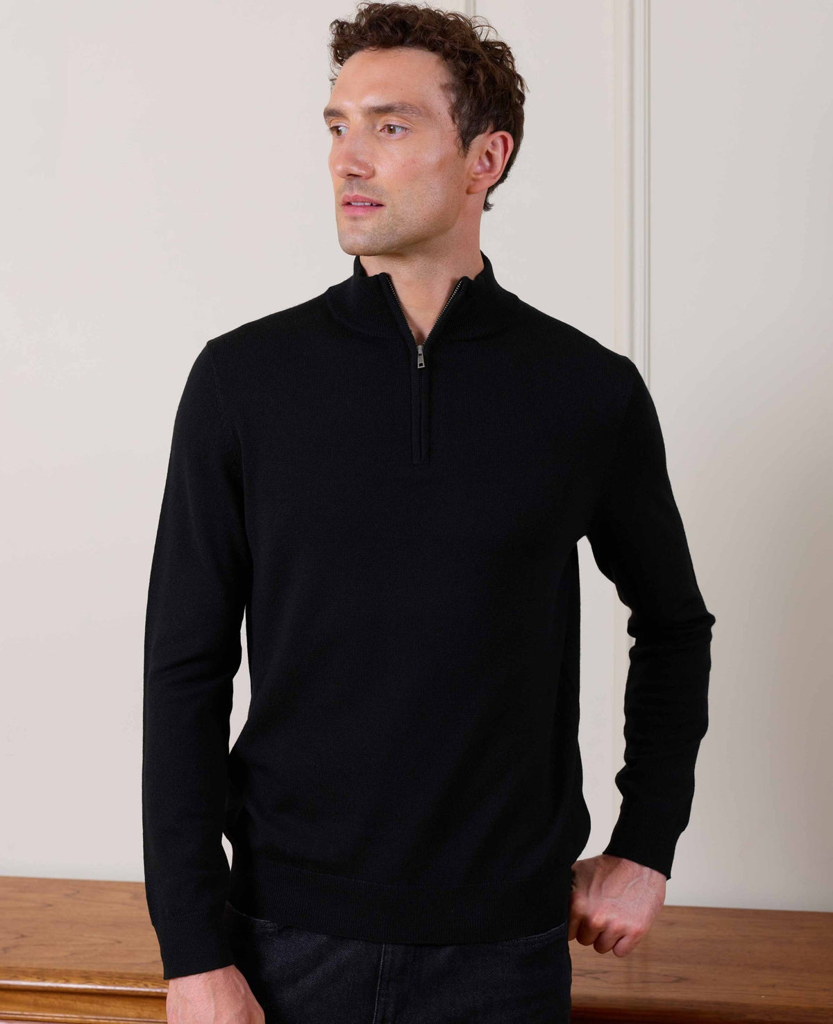 Black Merino Wool Quarter Zip Jumper