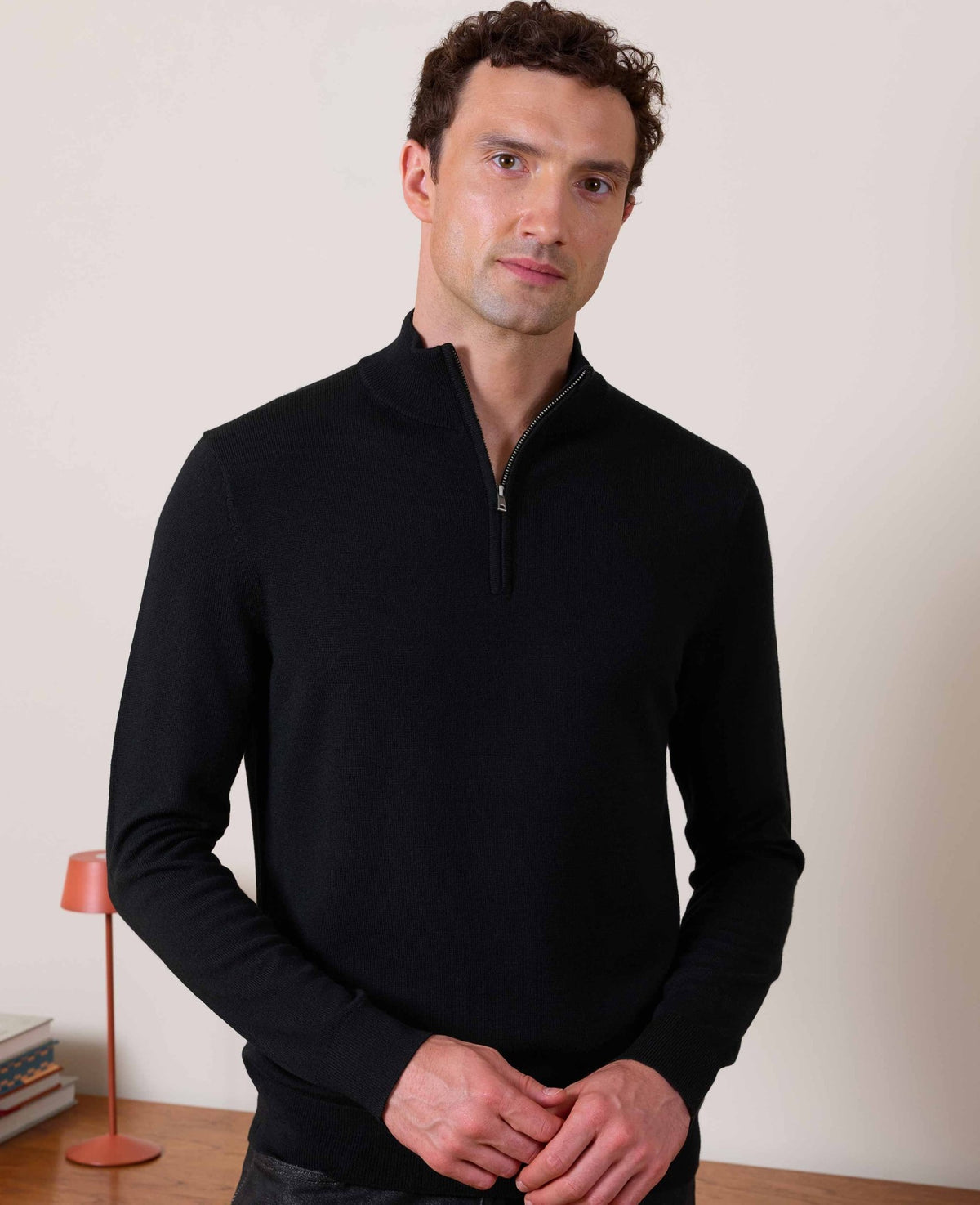 Black Merino Wool Quarter Zip Jumper