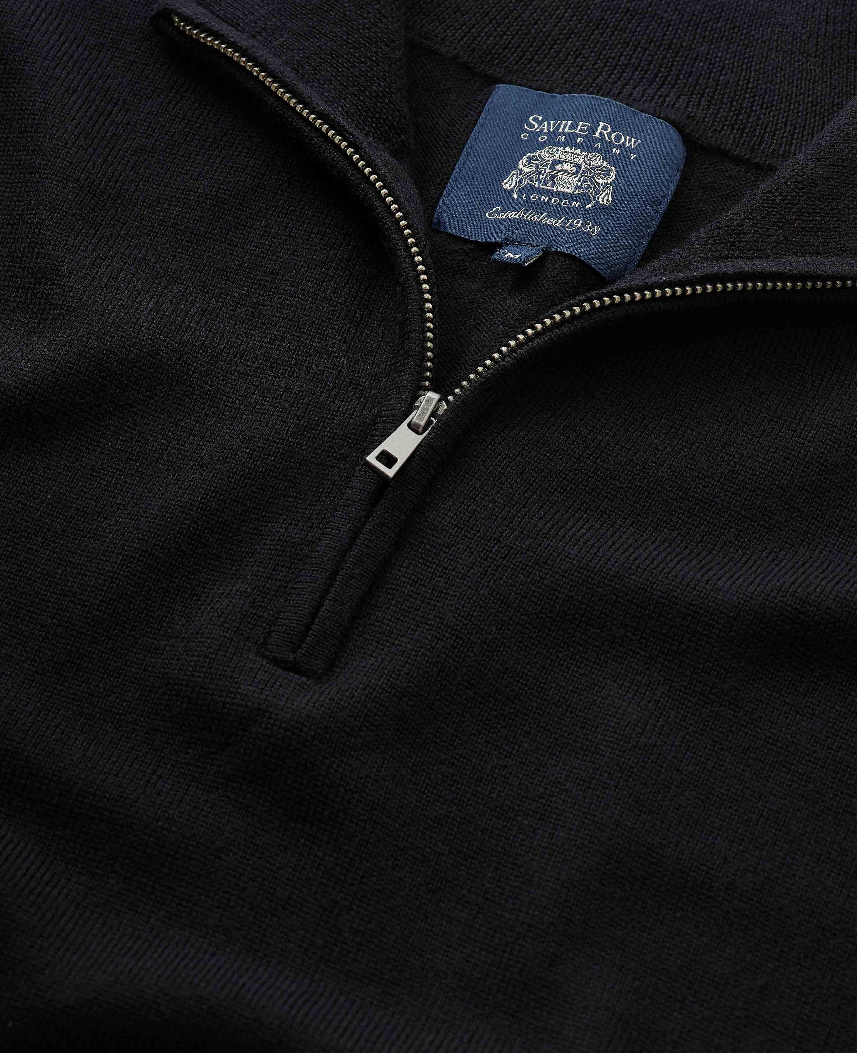 Men's Black Merino Wool Zip Neck Jumper | Savile Row Company