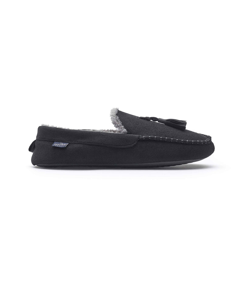 Black Microsuede Moccasin Slippers  - Side Single Detail - MSP713BLK