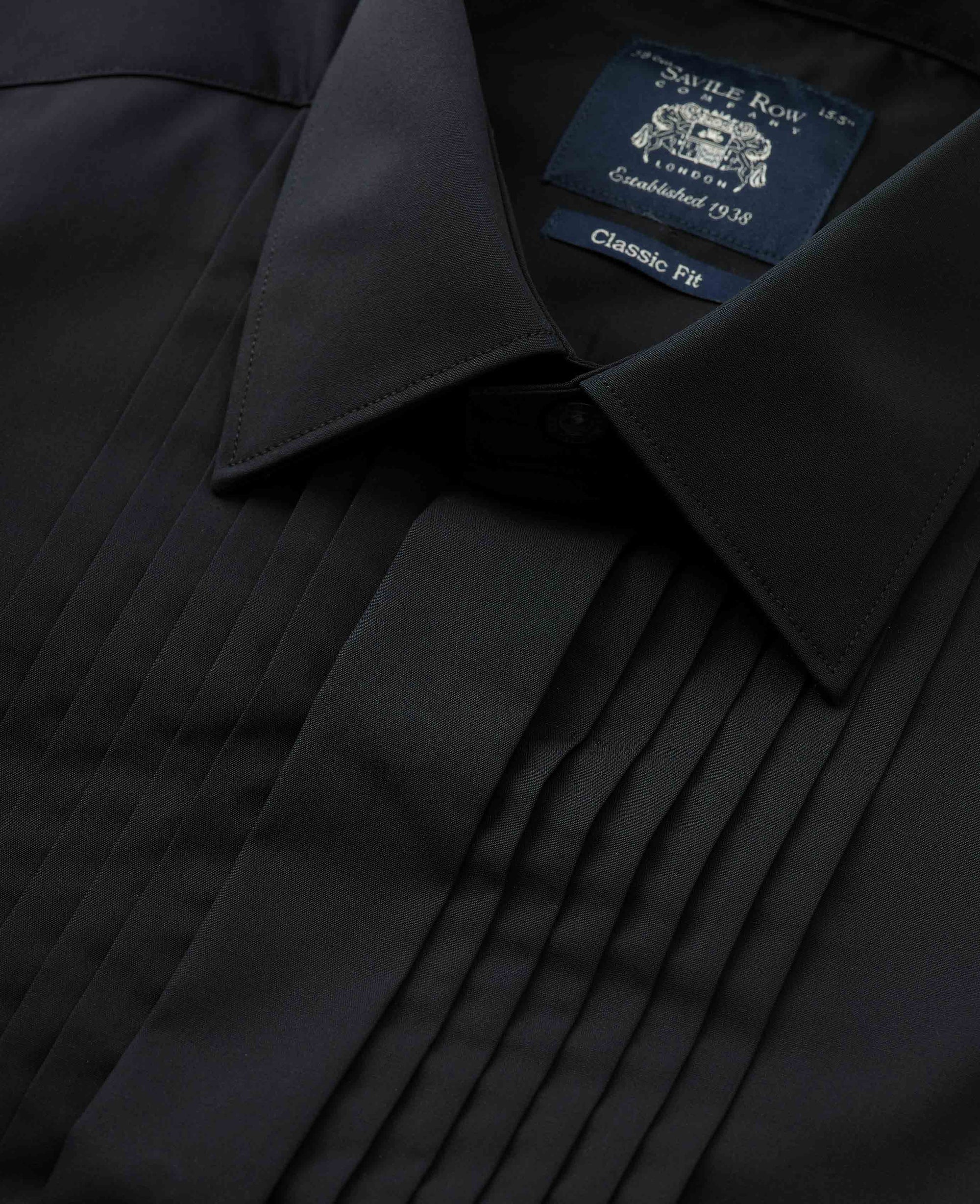 Men's Black Pleated Fly Front Classic Fit Dress Shirt With Double Cuffs