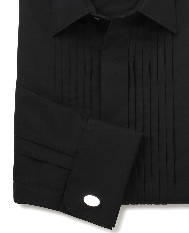 black pleated fly front classic fit dress shirt double cuff 1440blk No Tie detail