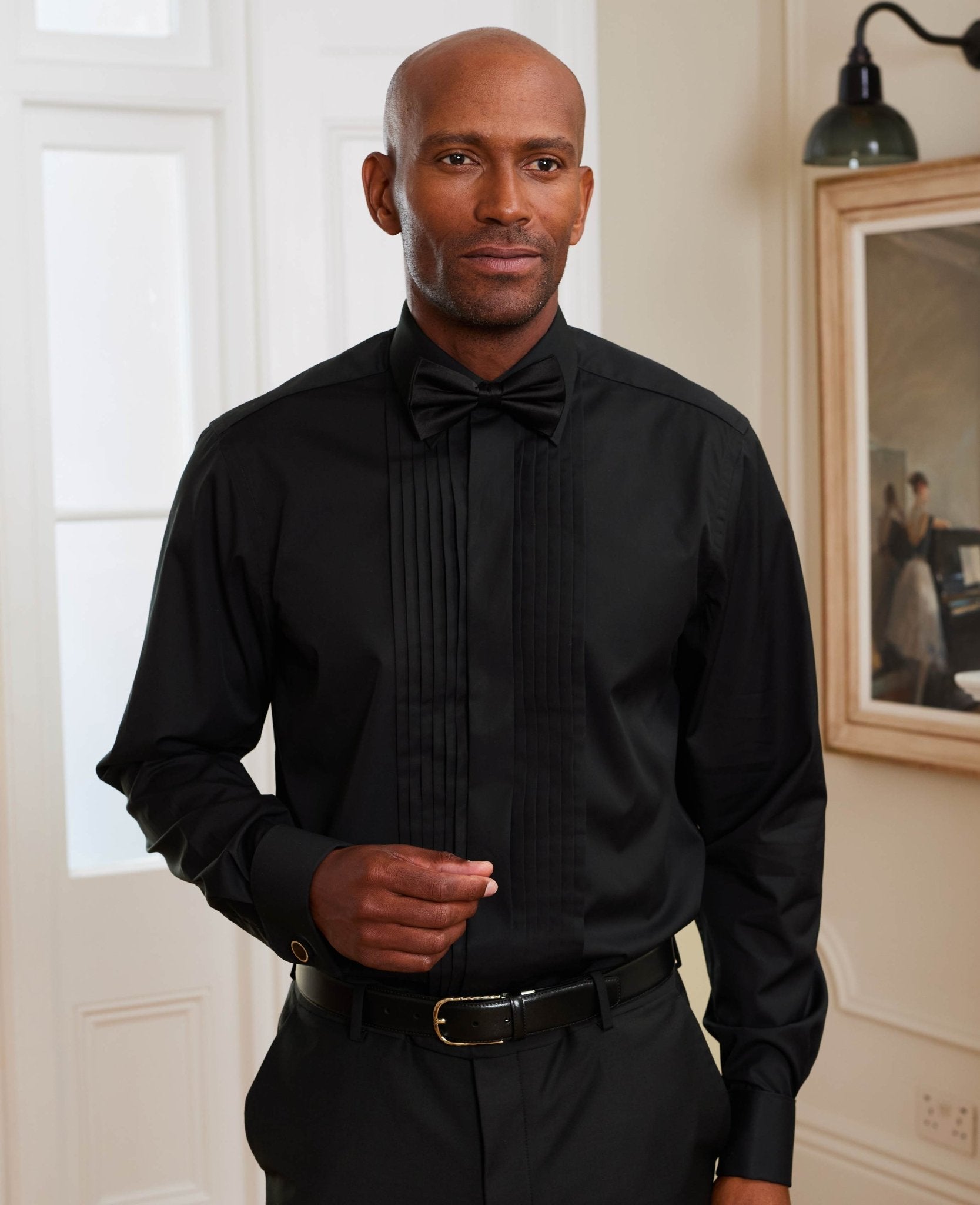 Men's Black Pleated Fly Front Classic Fit Dress Shirt With Double Cuffs | Savile Row Company Men's Black Pleated Fly Front Classic Fit Dress Shirt With Double Cuffs | Savile Row Company