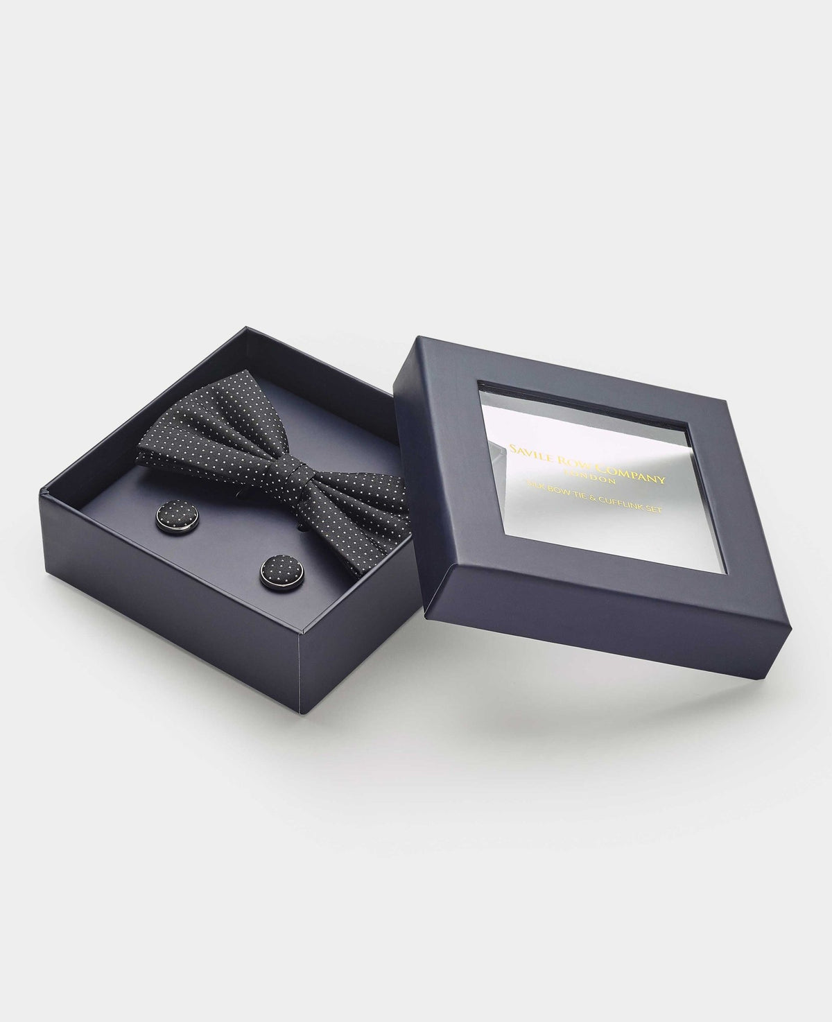 Men's Black Silk Pinspot Self Bow Tie & Cufflink Set