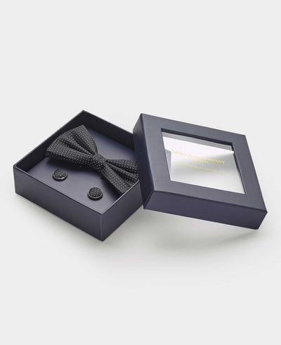 Black Silk Pinspot Self Bow Tie & Cufflink Set