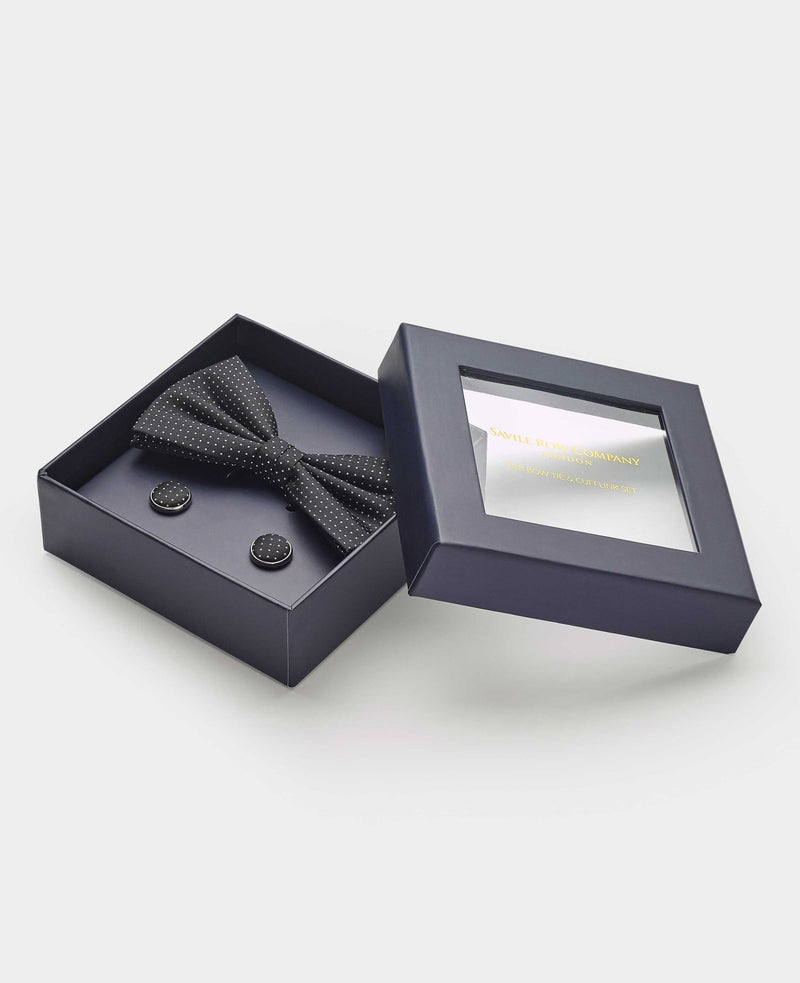 Black Silk Pinspot Self Bow Tie & Cufflink Set