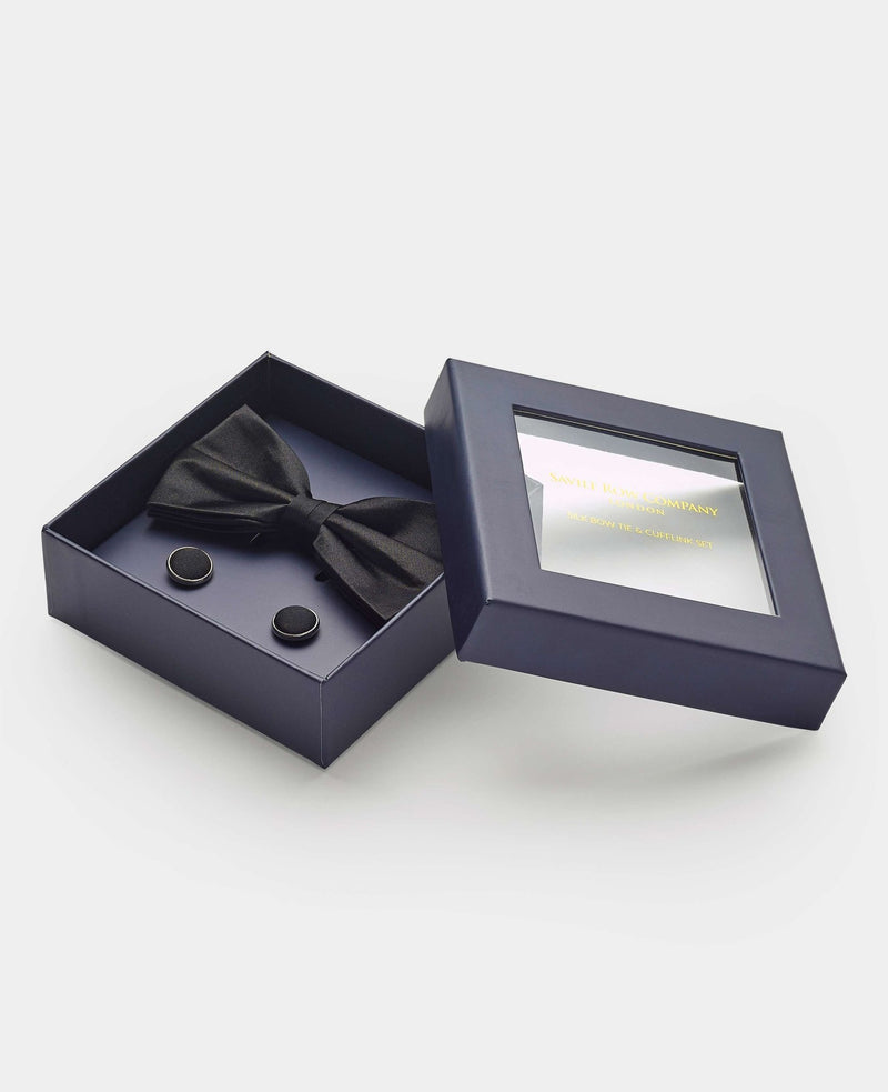 Black Silk Self Bow Tie & Cufflink Set