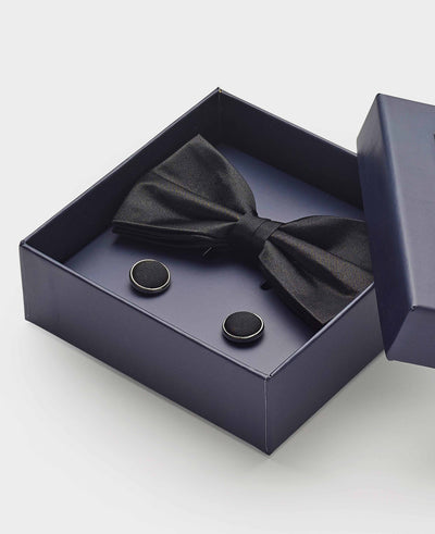 Black Silk Self Bow Tie & Cufflink Set
