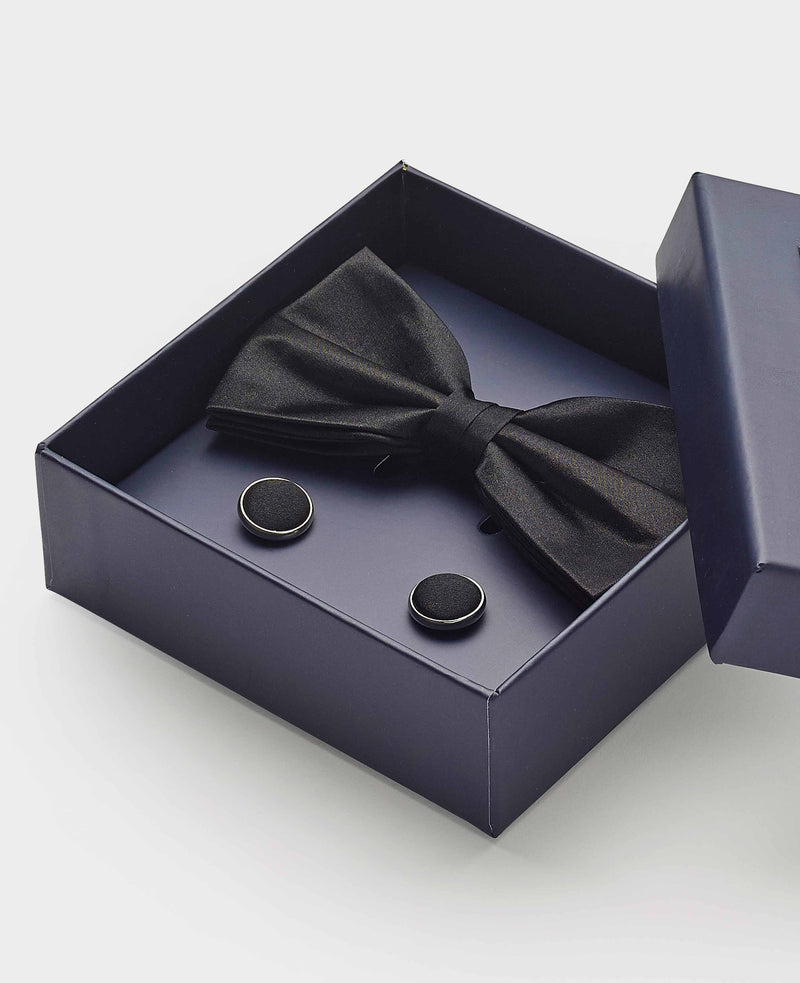 Black Silk Self Bow Tie & Cufflink Set