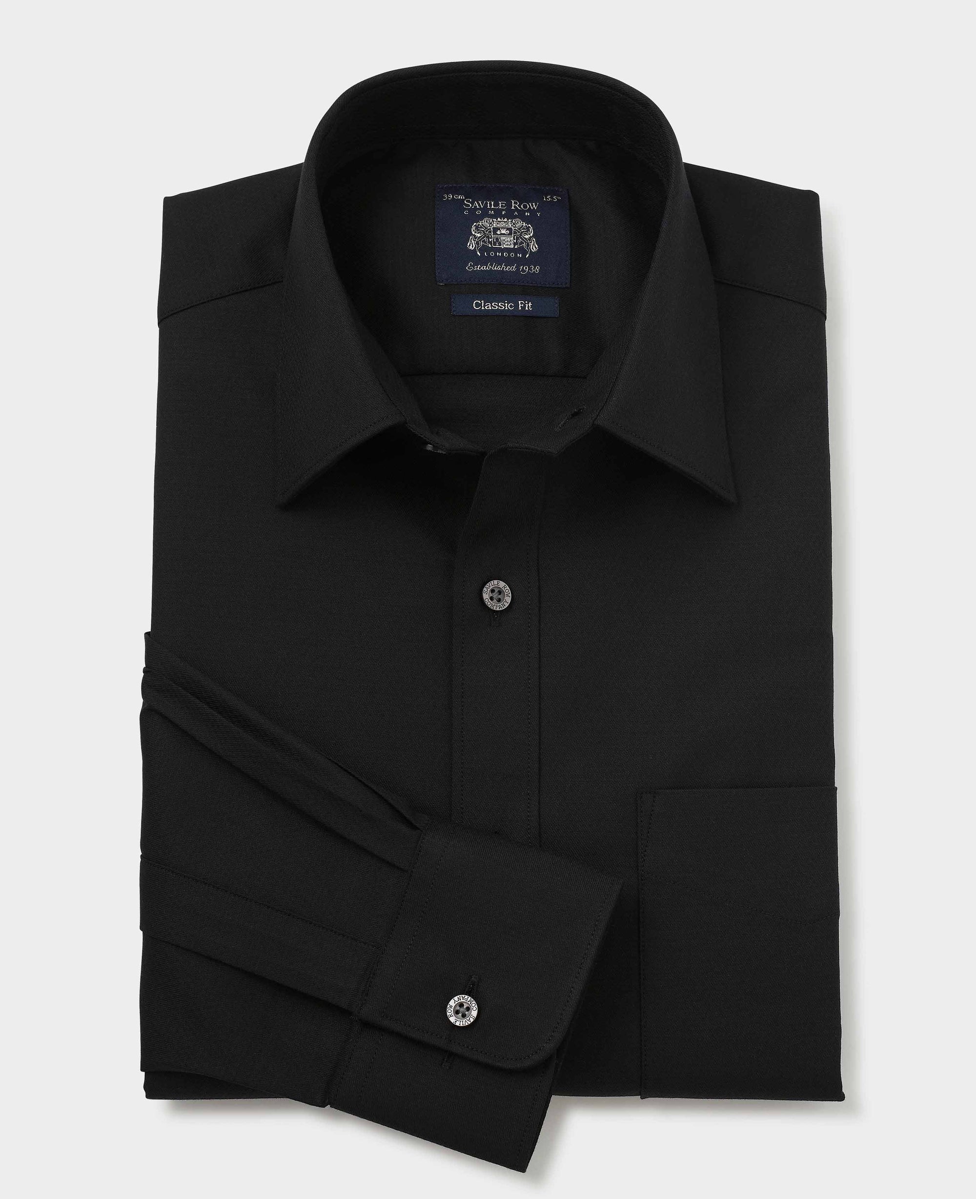Men's Black Stretch Cotton Classic Fit Formal Shirt With Single Cuffs | Savile Row Company Men's Black Stretch Cotton Classic Fit Formal Shirt With Single Cuffs | Savile Row Company