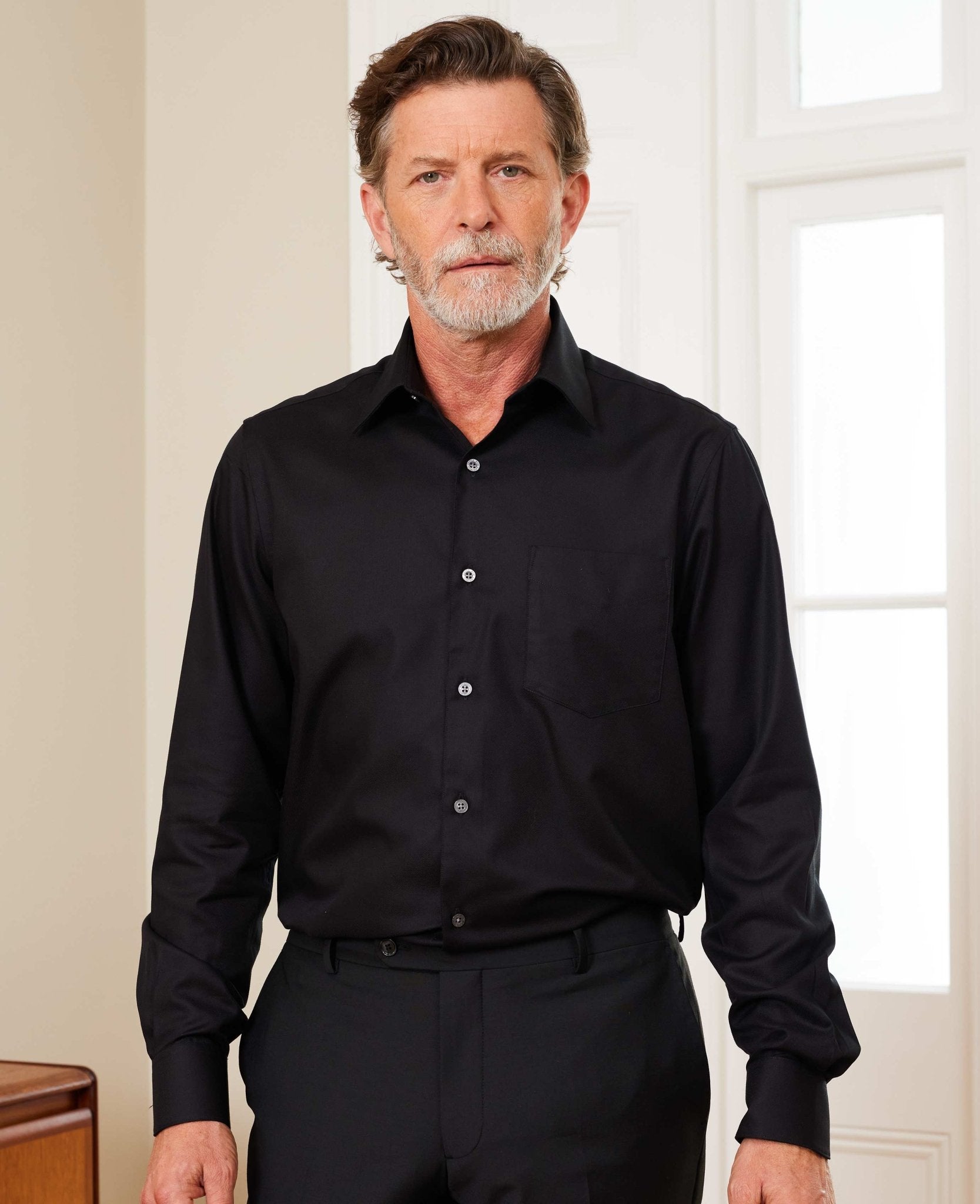 Men's Black Stretch Cotton Classic Fit Formal Shirt With Single Cuffs | Savile Row Company Men's Black Stretch Cotton Classic Fit Formal Shirt With Single Cuffs | Savile Row Company