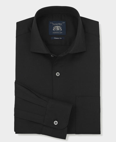 Black Stretch Cotton Herringbone Classic Fit Formal Shirt - Single Cuff