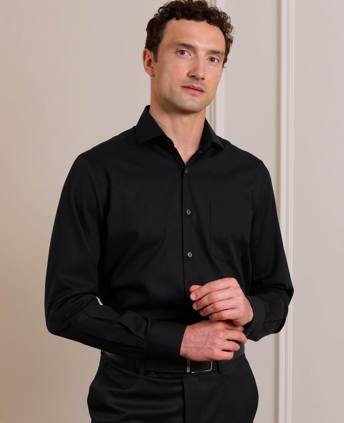 Black Stretch Cotton Herringbone Classic Fit Formal Shirt - Single Cuff