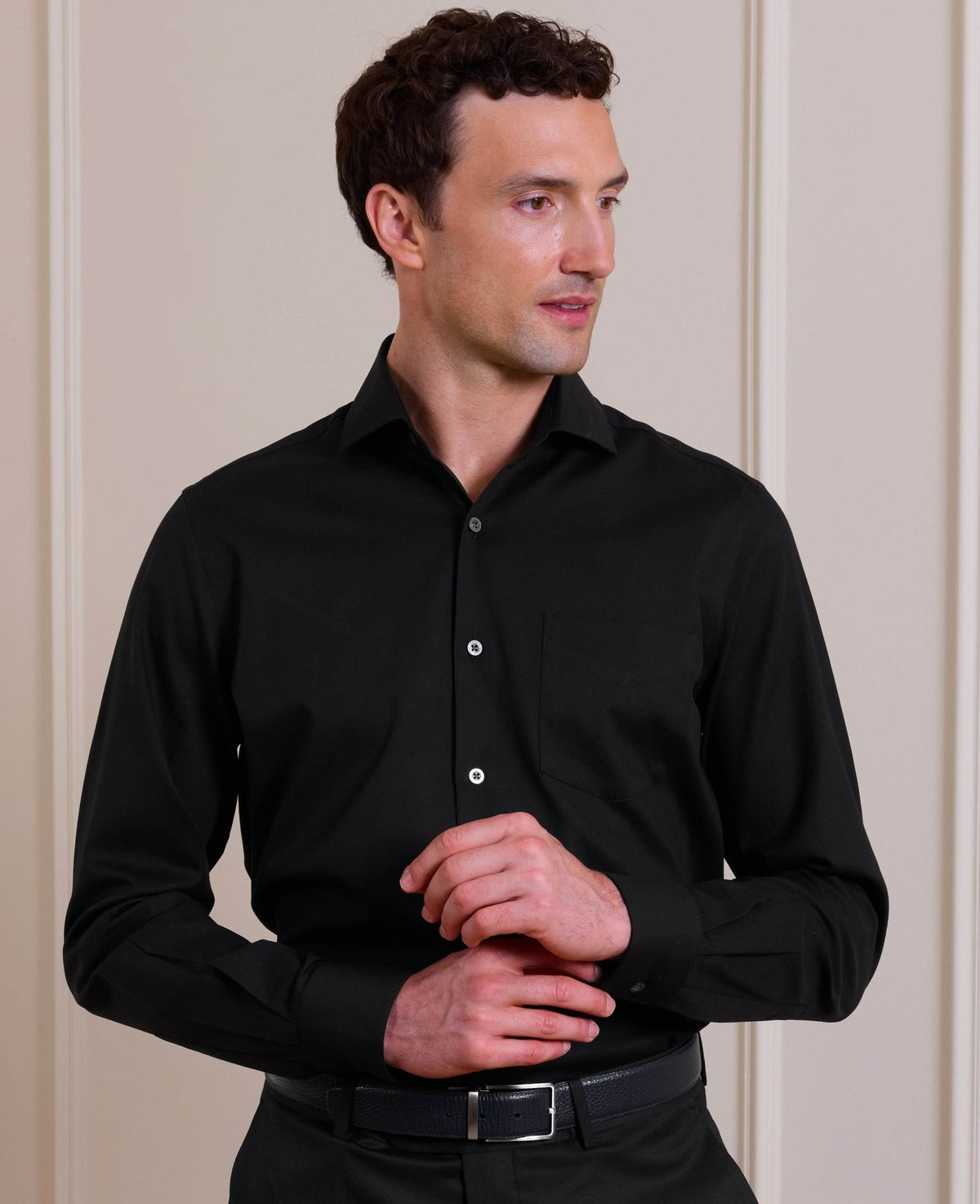 Black Stretch Cotton Herringbone Classic Fit Formal Shirt - Single Cuff