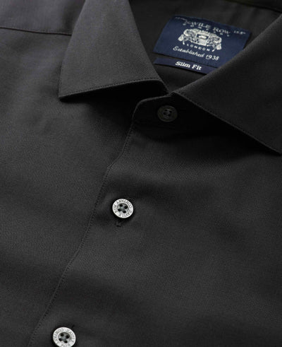Black Stretch Cotton Herringbone Slim Fit Formal Shirt - Single Cuff