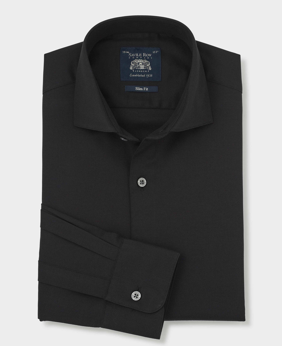 Black Stretch Cotton Herringbone Slim Fit Formal Shirt - Single Cuff
