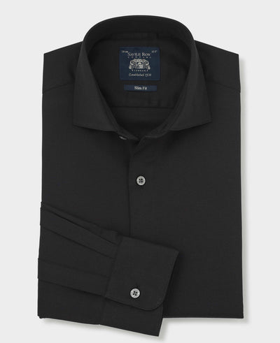 Black Stretch Cotton Herringbone Slim Fit Formal Shirt - Single Cuff