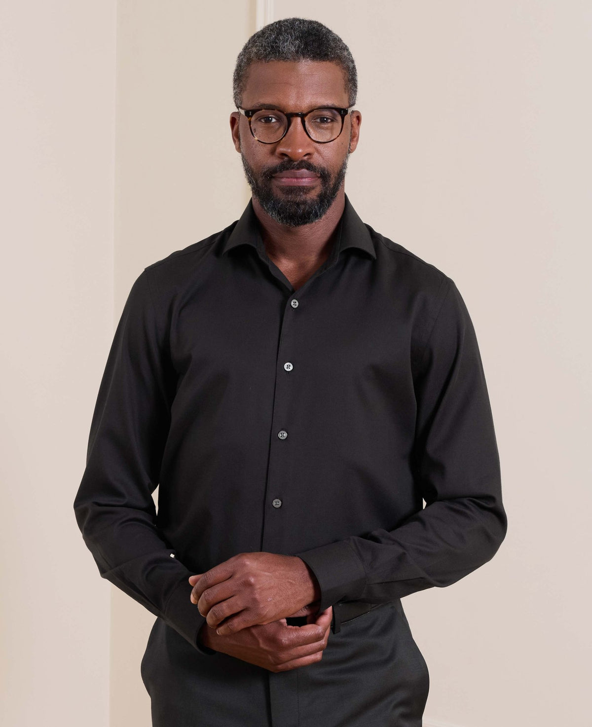 Black Stretch Cotton Herringbone Slim Fit Formal Shirt - Single Cuff