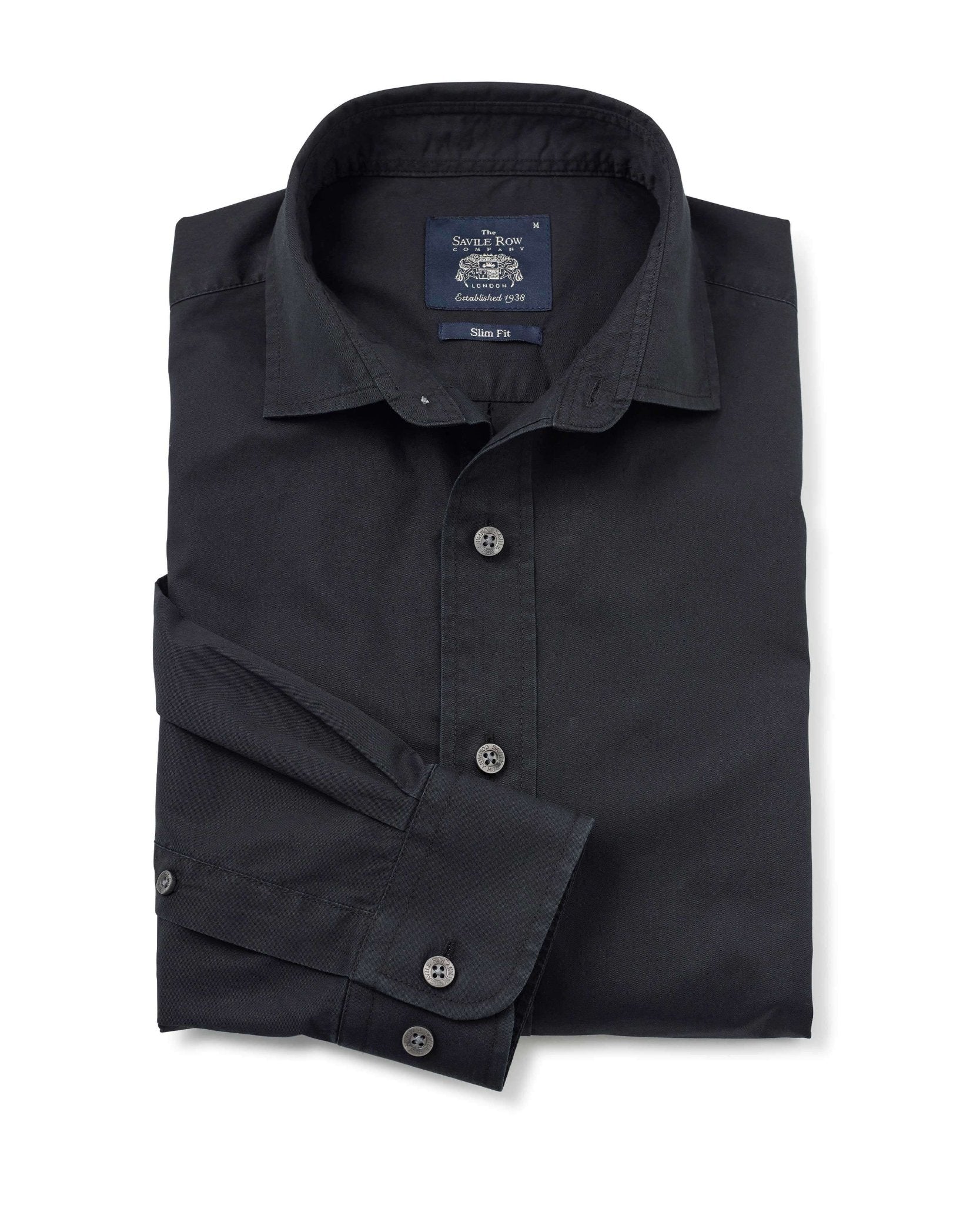 Men's Black Twill Slim Fit Casual Casual Shirt in Shorter Length | Savile Row Company Men's Black Twill Slim Fit Casual Casual Shirt in Shorter Length | Savile Row Company