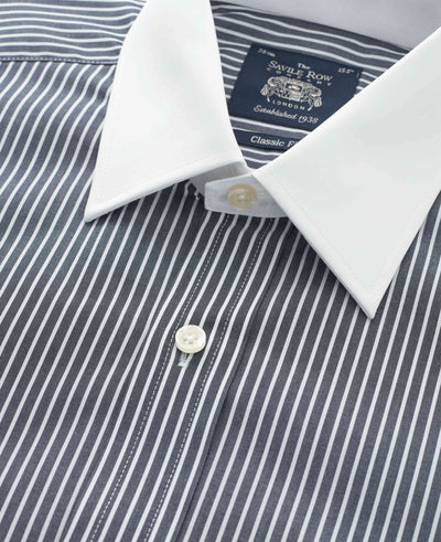 Black White Stripe Classic Fit Shirt With White Collar & Cuffs - Double Cuff - Collar Detail - 1373NAW