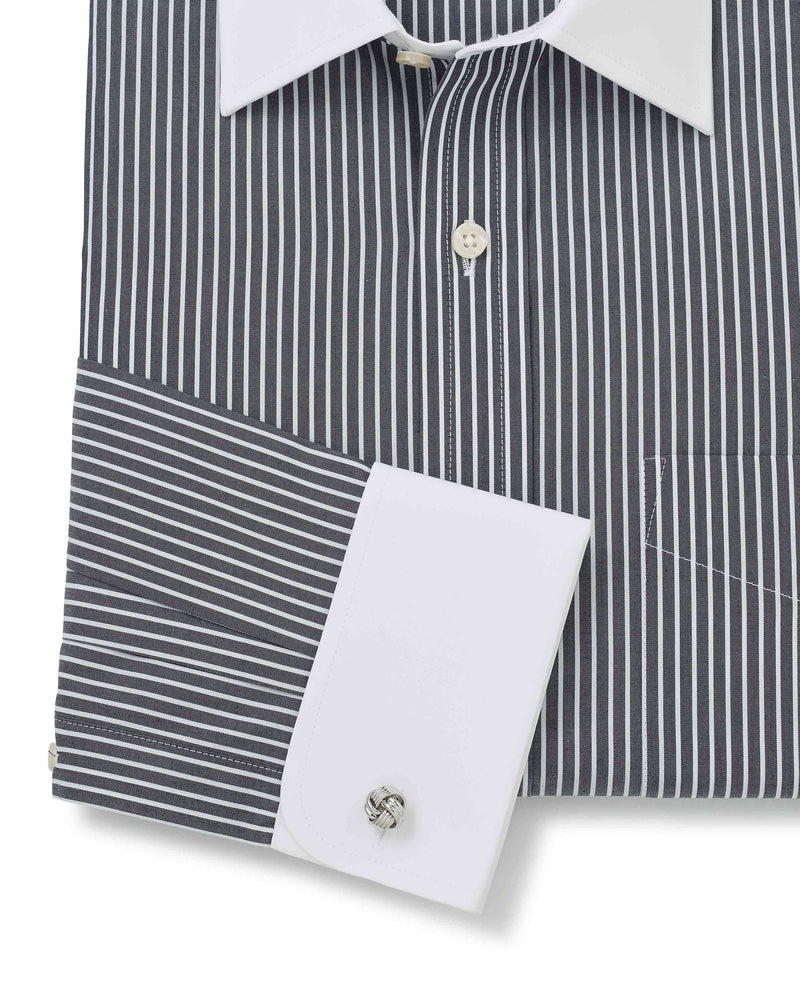 Black White Stripe Classic Fit Shirt With White Collar & Cuffs - Double Cuff - Cuff Detail - 1373NAW