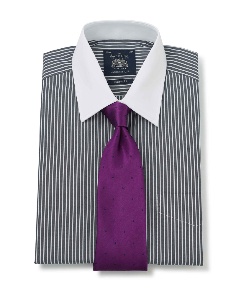 Black White Stripe Classic Fit Shirt With White Collar & Cuffs - Double Cuff - With Tie On - 1373NAW